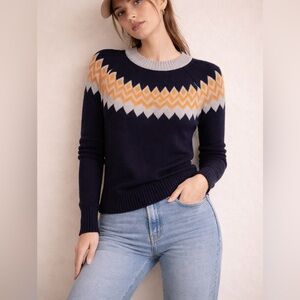 Cable Stitch Fair Isle Sweater Small Navy Orange Gray Cozy Cotton Nordic Sz S